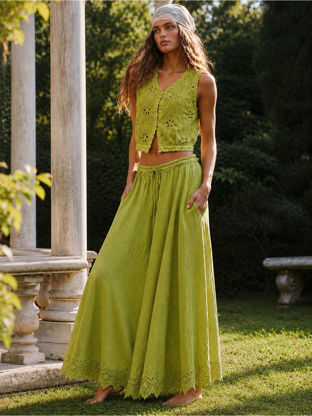 Free People Lime Green Crochet Maxi Skirt Set